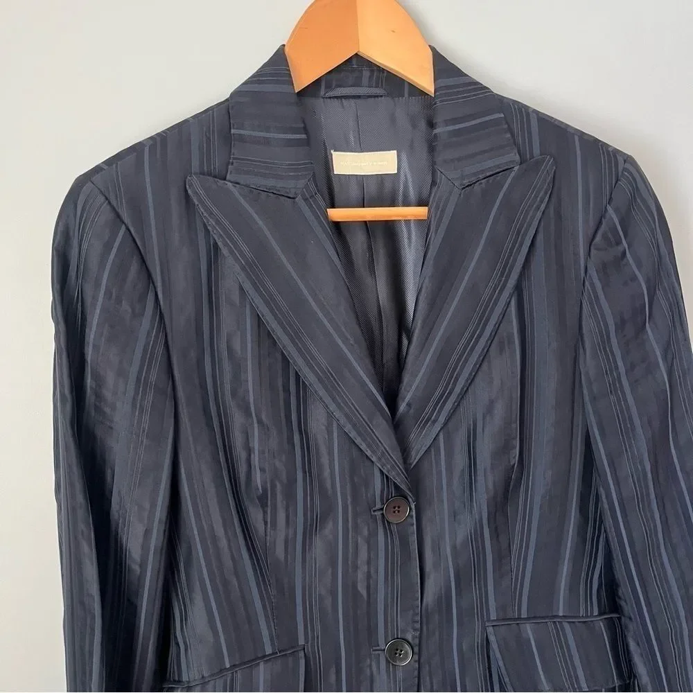 Massimo Dutti 2000s Vintage Textured Navy Blue Striped Blazer Jacket EU Sz 40/30